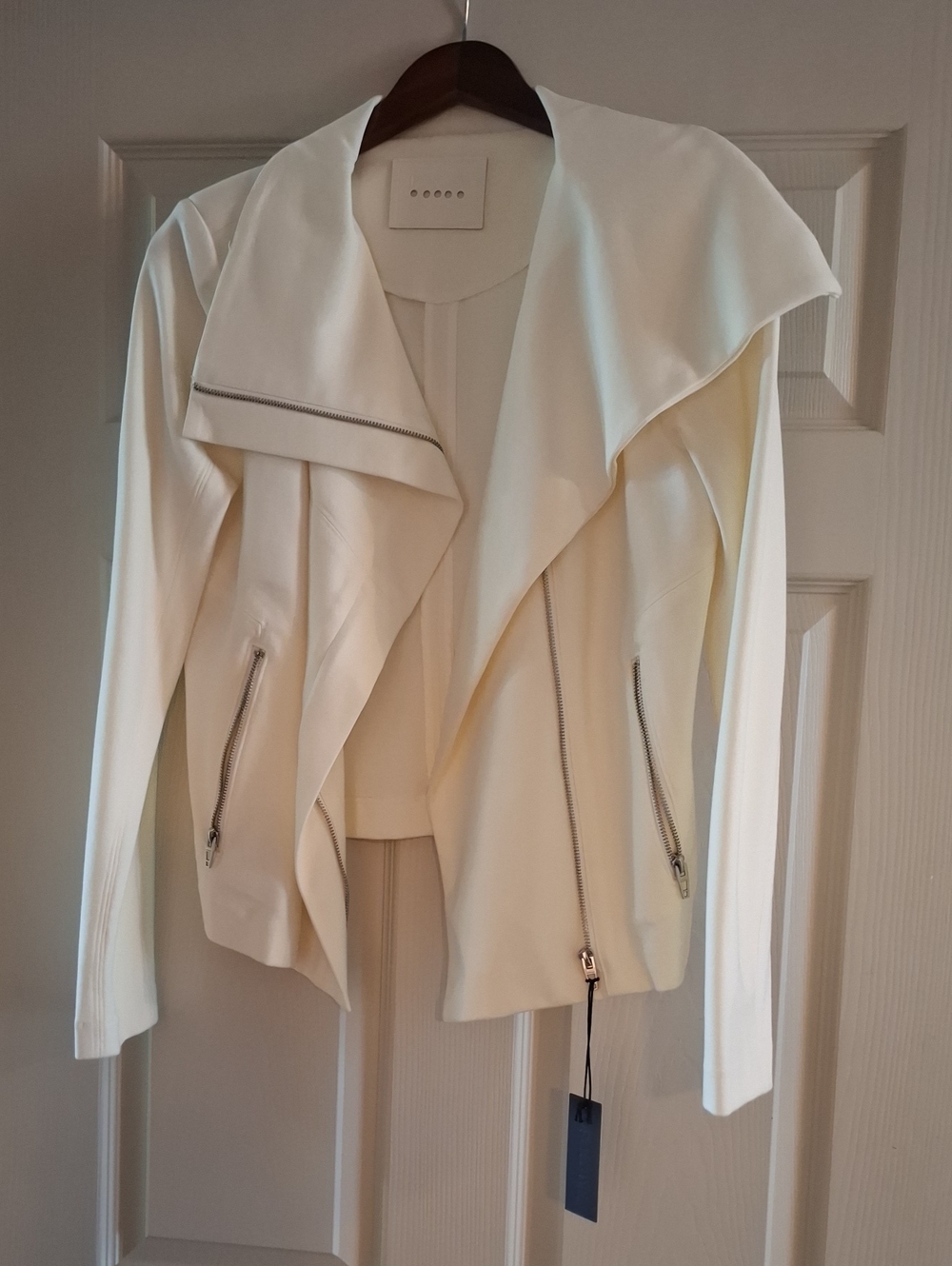 Blank NYC Off-White Draped Leather Moto Jacket with Silver Zippers